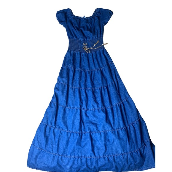 K Jordan  Denim Maxi Dress Womens M boho Blue Peasant Lace Up Tiered - Picture 1 of 3